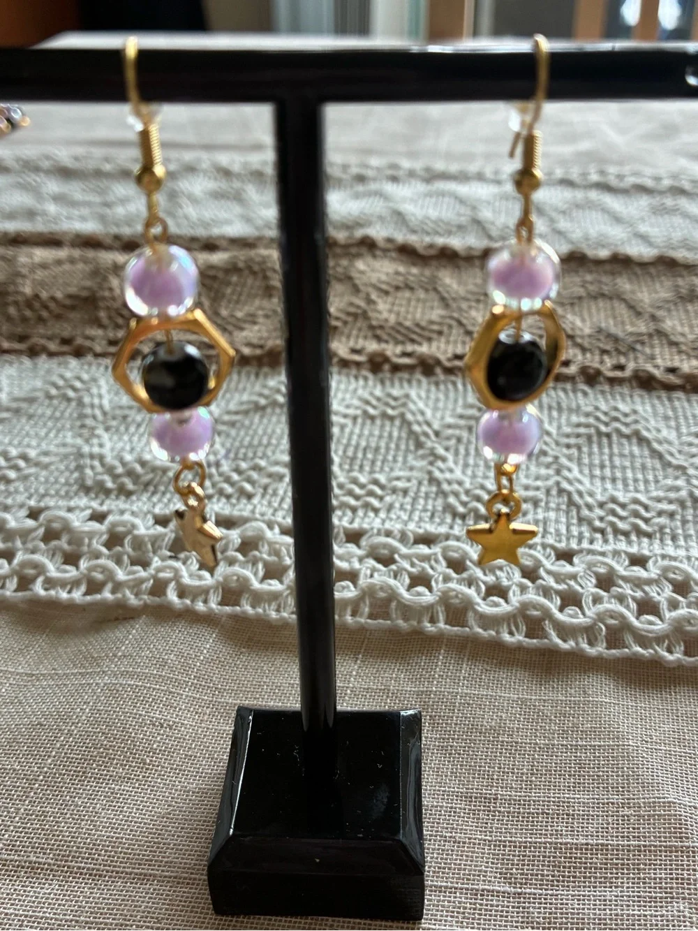 Handmade Gold-Tone Bracelet & Earrings Set with Lilac and Black